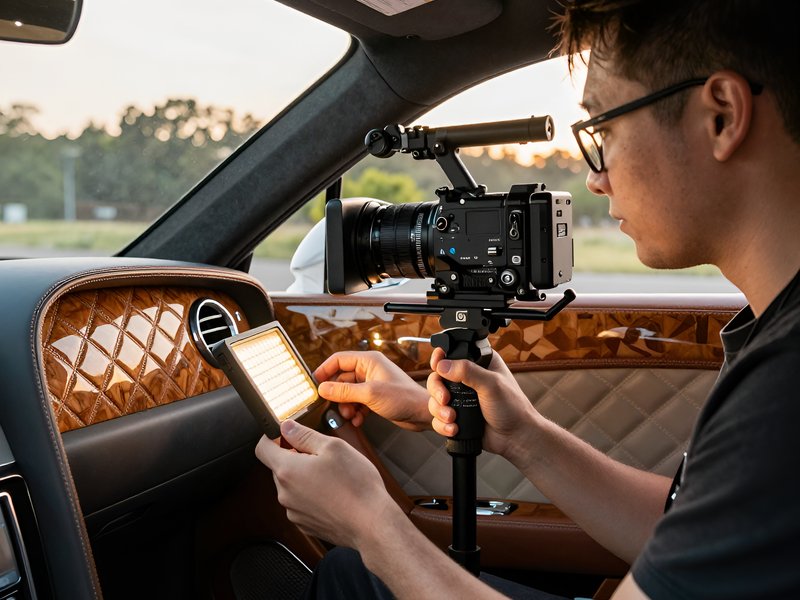 Процесс автомобильной видеосъёмки интерьера Bentley Continental с использованием стабилизатора и света от Ордер Медиа