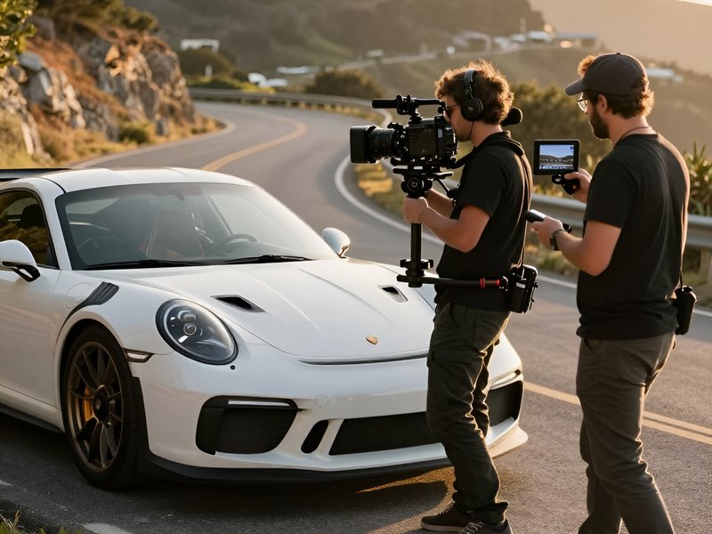 Процесс профессиональной автомобильной видеосъемки Porsche 911 GT3 RS на побережье от команды Ордер Медиа